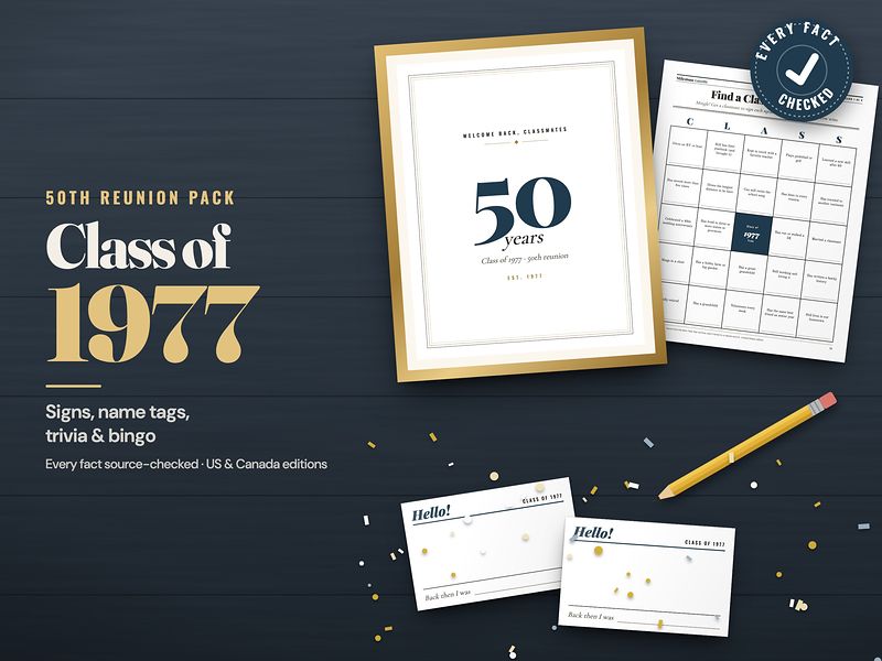Class of 1977 reunion pack: signs, name tags, trivia and bingo