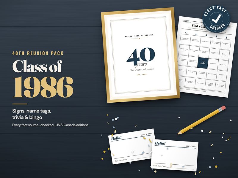 Class of 1986 reunion pack: signs, name tags, trivia and bingo